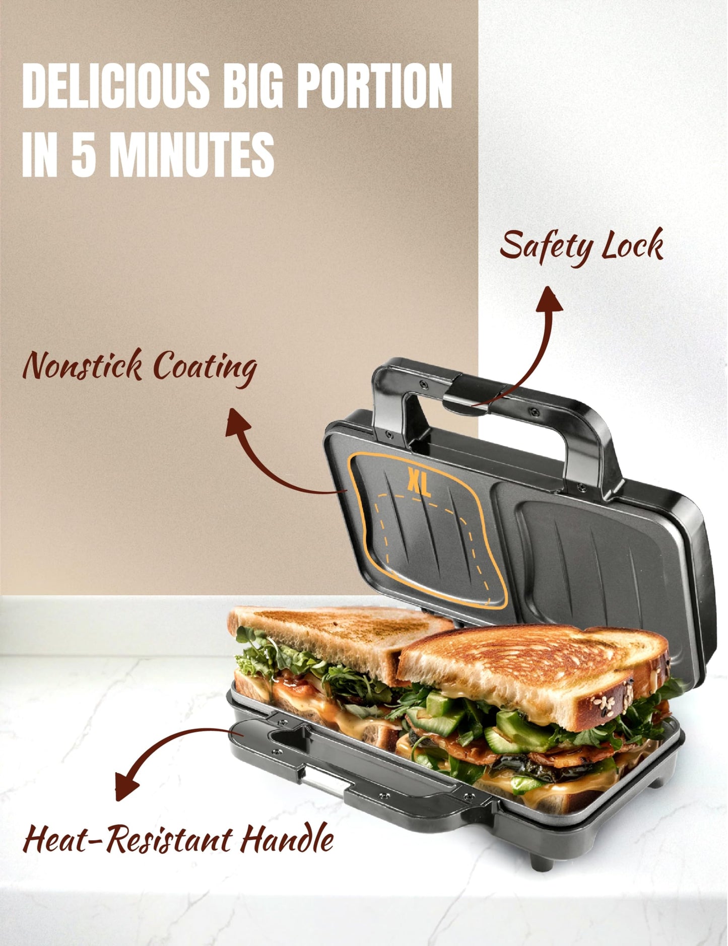 Bestron XL Sandwichmaker, Sandwich-Toaster für 2 Sandwiches in Muschelform, ideal für American Sandwich, inkl. automatischer Temperaturregelung & Bereitschaftsanzeige, Farbe: Beige