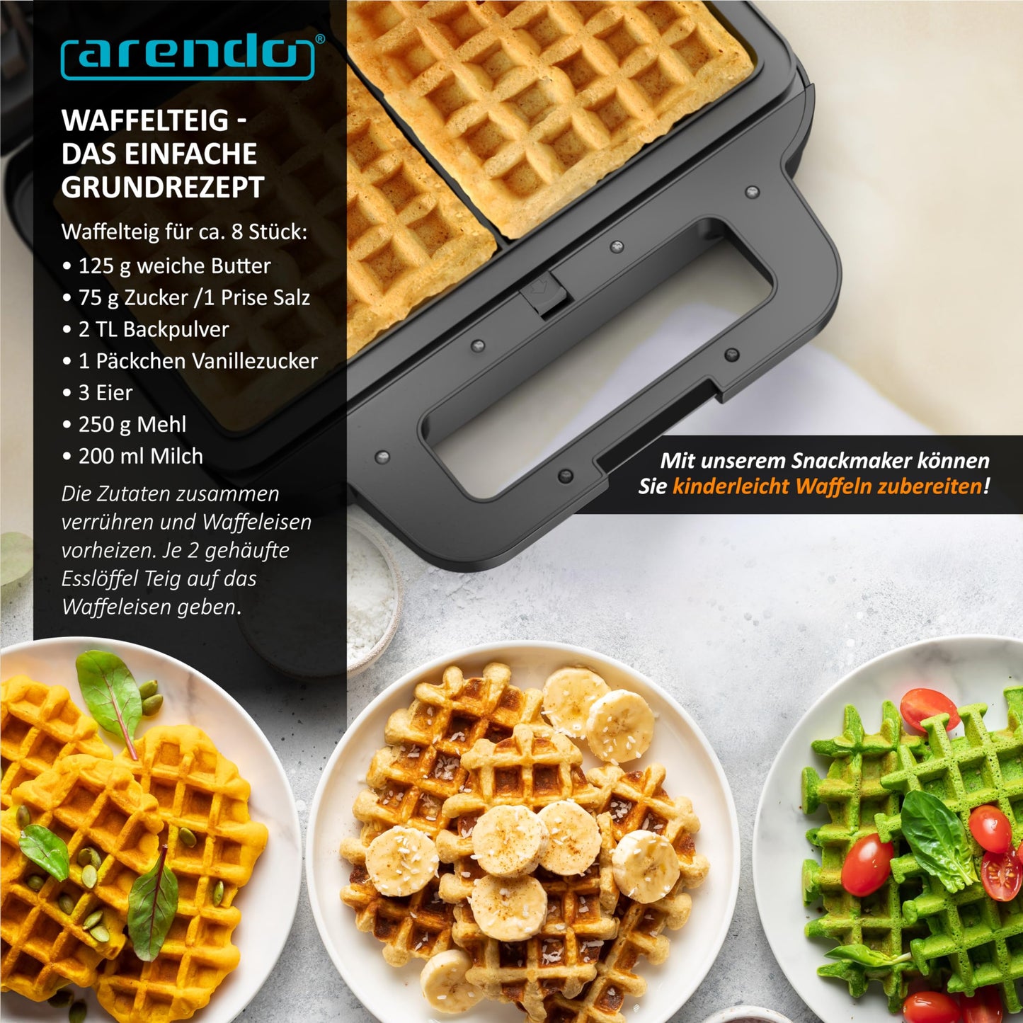 Arendo -Sandwichmaker mit Wechselplatten - Waffeleisen doppelt - 4 in 1 - Panini Maker Kontaktgrill - Antihaftbeschichtung - BPA und PFOA frei - Temperaturkontrolle – Sandwich Maker - Sandwichtoaster