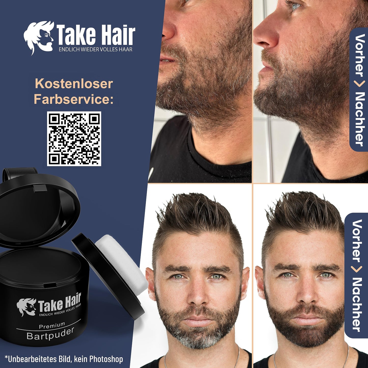 Take Hair Bartfärbemittel I 100% wasserfest I 4g Bartpuder für einen volleren Bart, Bartfärbemittel I Grauabdeckung I Bartverdicker zum Bart färben (Bartpuder Schwarz)