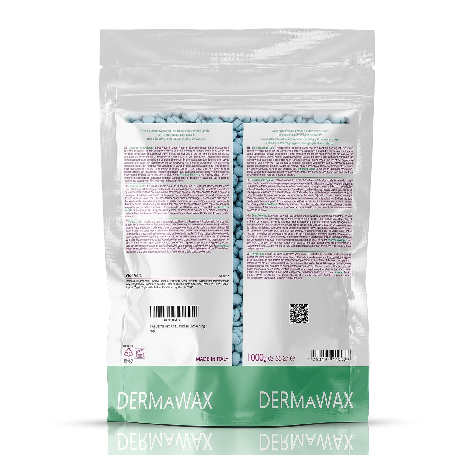 Dermawax 1 kg Heißwachs Wachsperlen Aloe Vera für sensible Haut – Haarentfernung ohne Wachsstreifen,sanftes Waxing für Gesicht, Beine, Bikini & Körper–Made in Italy, Profi-Qualität (1 kg, Aloe Vera)