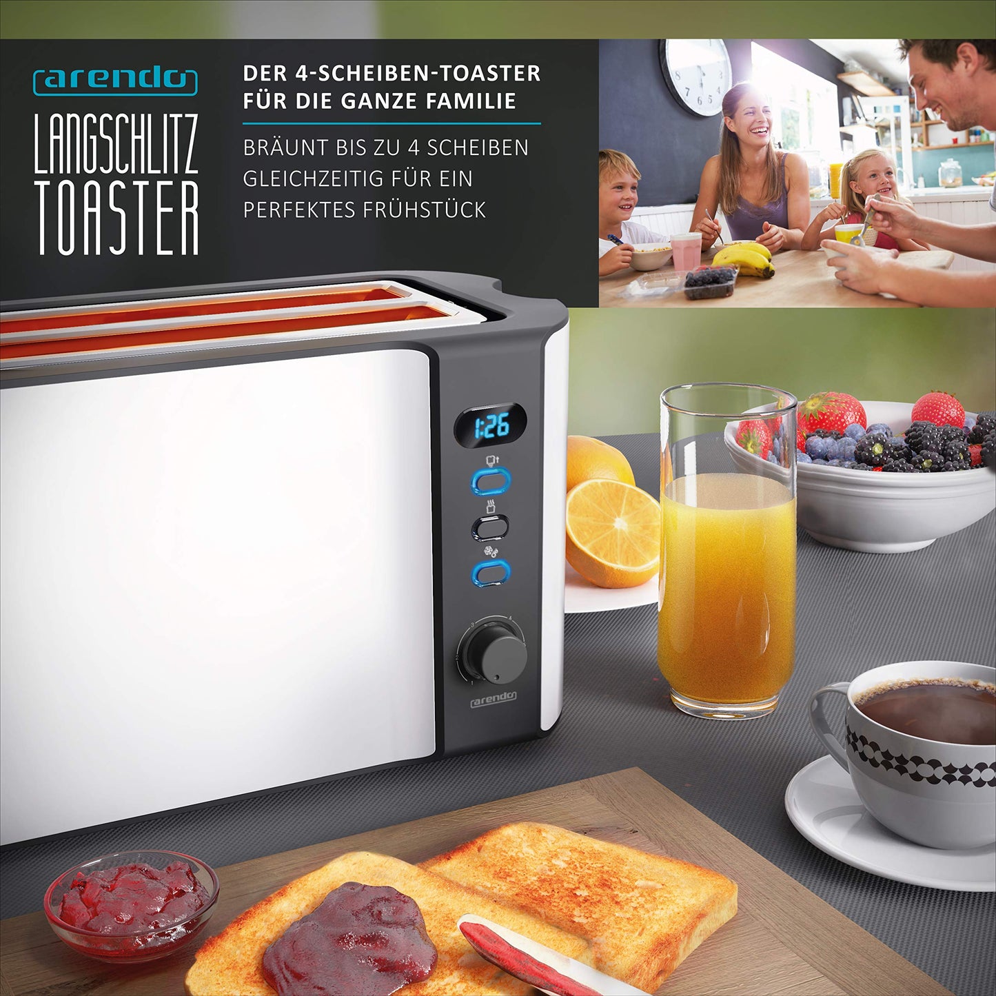 Arendo - Edelstahl Toaster Langschlitz 4 Scheiben, Defrost Funktion, Wärmeisolierendes Gehäuse mit integriertem Brötchenaufsatz - 1500W - Krümelschublade, Display mit Restzeitanzeige - weiß matt