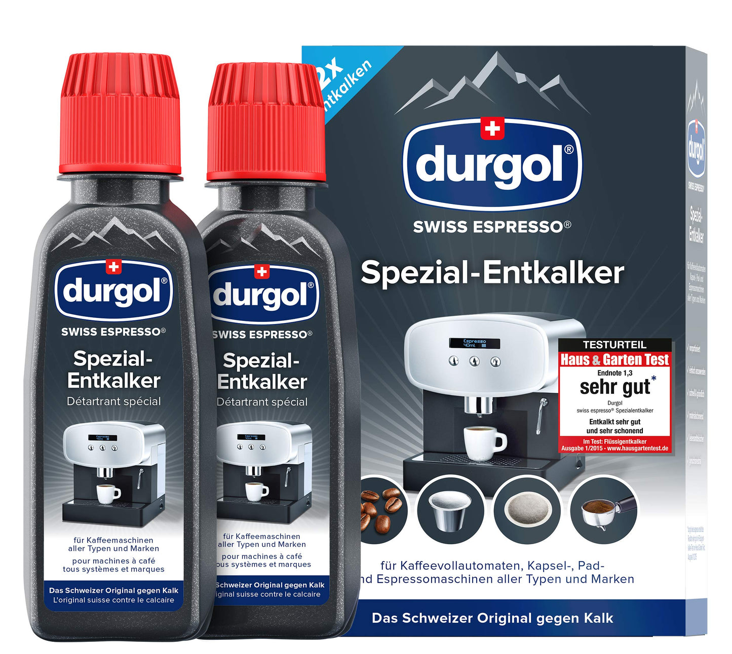 durgol swiss espresso Spezial-Entkalker – Kalkentferner für Kaffeemaschinen aller Typen und Arten – Einfache Reinigung ohne Einwirkzeit & Rückstände – Deutsche Version – 2x125ml