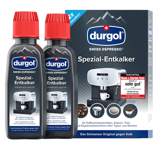 durgol swiss espresso Spezial-Entkalker – Kalkentferner für Kaffeemaschinen aller Typen und Arten – Einfache Reinigung ohne Einwirkzeit & Rückstände – Deutsche Version – 2x125ml