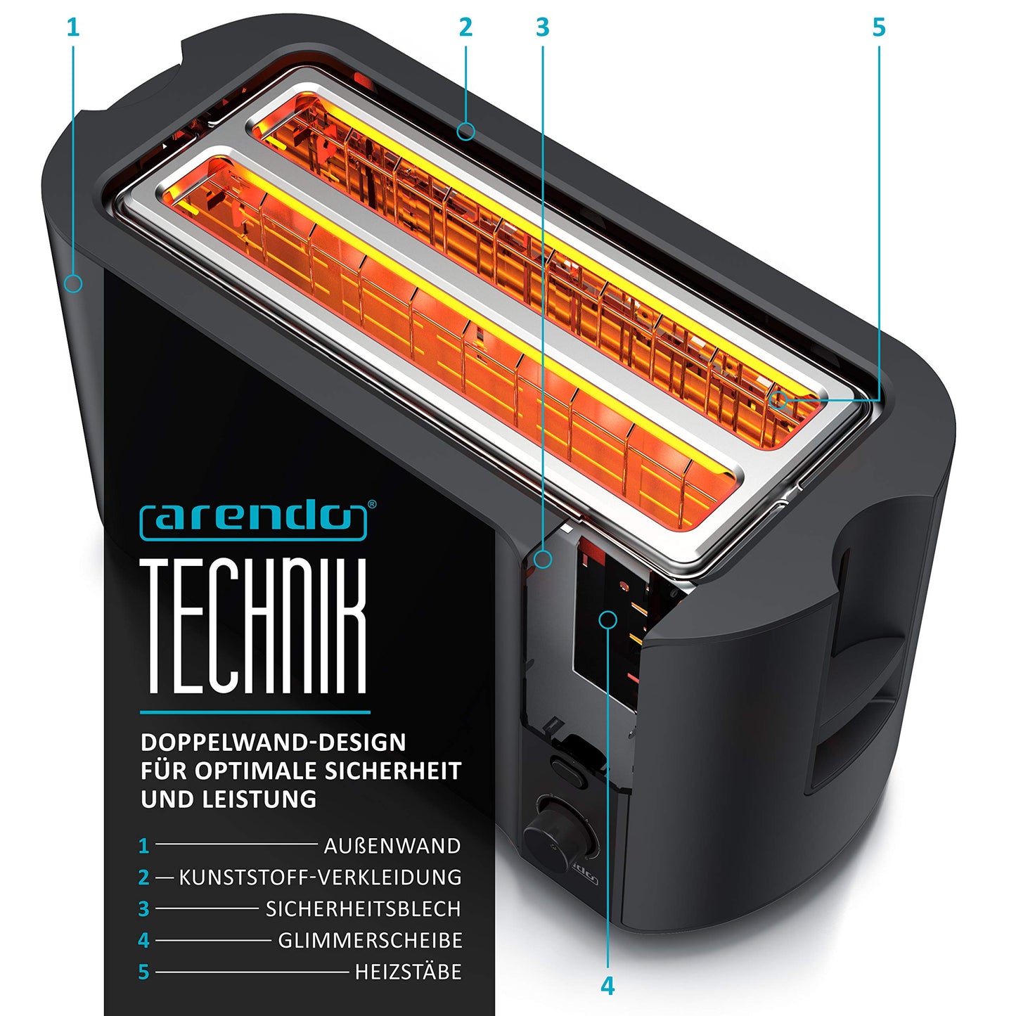 Arendo - Edelstahl Toaster Langschlitz 4 Scheiben - Defrost Funktion - wärmeisolierendes Gehäuse - mit integriertem Brötchenaufsatz - Krümelschublade - Display mit Restzeitanzeige - Schwarz Matt