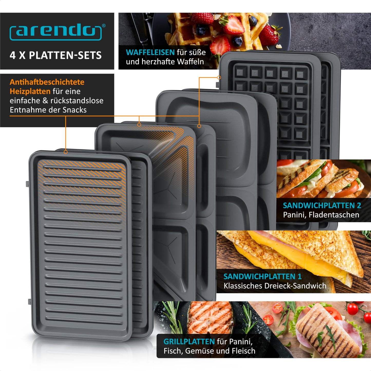 Arendo -Sandwichmaker mit Wechselplatten - Waffeleisen doppelt - 4 in 1 - Panini Maker Kontaktgrill - Antihaftbeschichtung - BPA und PFOA frei - Temperaturkontrolle – Sandwich Maker - Sandwichtoaster