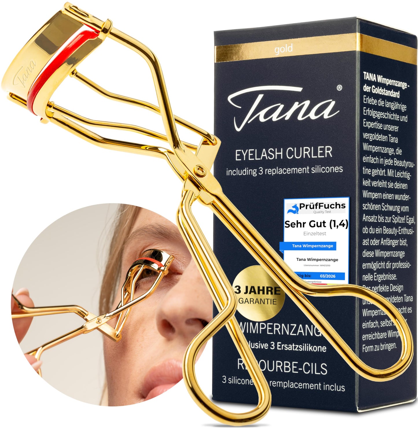 TANA Wimpernzange Gold | 1 Stück, inkl. 3 Ersatzpads | Vergoldeter Eyelash Curler für alle Augenformen I Perfekte Eyelashes (Wimpernzange Gold inkl. 3 Ersatzpads)