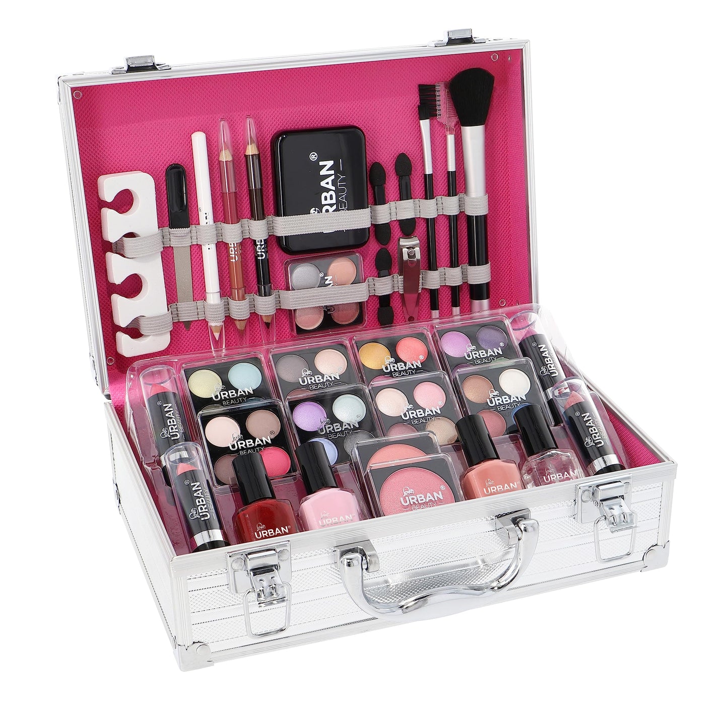 LOVE URBAN BEAUTY Essentials Veganer Make-up-Koffer – 64-teiliges veganes Make-up-Set für Teenager – Elegante silberne Box – Kompaktes und leichtes Design – Reisefreundliches Damen-Make-up-Set